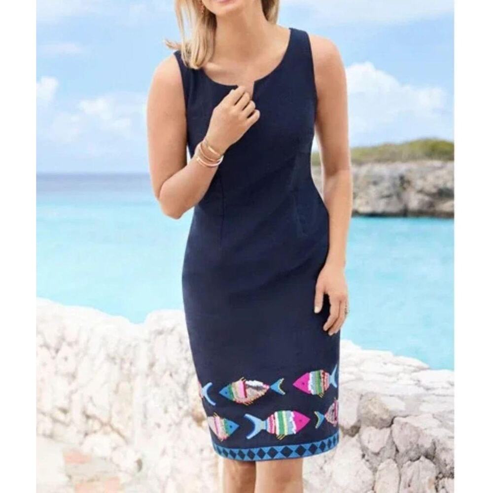 Talbot's Navy Blue Novelty Sequin Fish Shift Dress, Beachy Whimsical Coastal 12